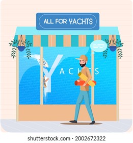 Buying motorboat, boat selling, all for yachts shop. Transport advertising company e-commerce. Getting spare parts for personal sea ships. Man with catalog in yacht salon, service of water vehicles