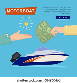 Buying motorboat online boat selling by cash web banner vector illustration
