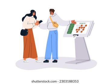 Buying movie ticket, choosing seat, place in cinema at self-service machine, electronic terminal stand with digital touch screen display. Flat graphic vector illustration isolated on white background