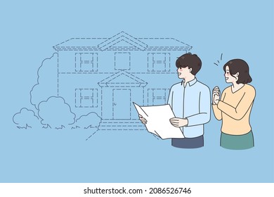 Buying New Apartment And Real Estate Concept. Young Family Husband And Wife Standing With Contract Looking At Their New Apartment Exterior Vector Illustration 