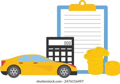 Compra de automóviles nuevos a crédito, crédito de coche o préstamo, concepto de financiación de automóviles. Ilustración vectorial.

