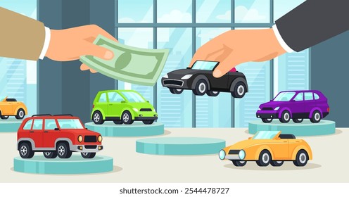 Comprando carro novo. Venda automática e serviços de seleção de carro, mercado de automóveis e conceito de pagamentos de empréstimo de automóveis. Mãos segurando veículo e dinheiro ilustração de vetor de desenhos animados.