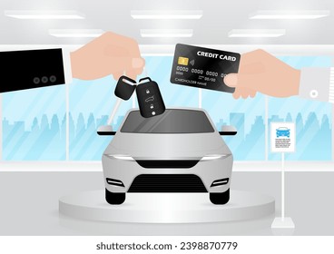 Buying New Car Concept. Salesman give a Car Key to Customer after Making a Payment in Showroom. Vector Illustration.  