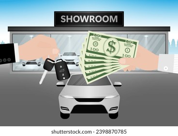 Buying New Car Concept. Salesman give a Car Key to Customer after Making a Payment in Showroom. Vector Illustration.  