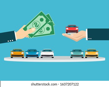 Buying new car concept. Vector of a businessman hand exchanging a new car for money