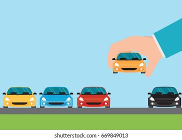 Buying new car conceptual, Hand holding car and money, Rental or sale for car, Sell automobile,Flat style vector illustration. 