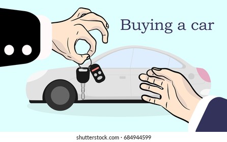 Buying a new car. Hand gives key to another hand. Seller giving key to buyer. Rental or sale concept. Grey car on light background. Vector illustration in flat style.
