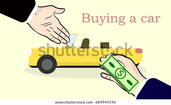 Buying a new car. Hand gives money to\
another hand. Rental or sale concept. Yellow cabriolet on light\
background. Vector illustration in flat\
style.
