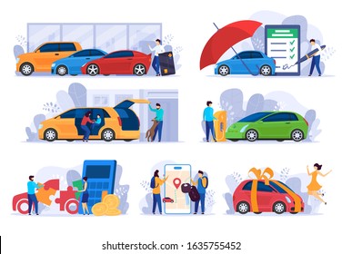 Buying new car, insurance and money saving concept, vector Illustration. People cartoon characters using cars automobile owner, modern vehicle service. Auto salon credit, insurance company website app