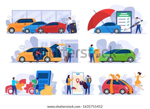Buying new car, insurance and money saving concept,\
vector Illustration. People cartoon characters using cars\
automobile owner, modern vehicle service. Auto salon credit,\
insurance company website\
app