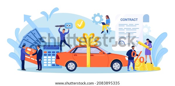 Buying new car. Rent auto, carsharing.\
Businessmen signing contract for car leasing and shaking hands.\
Bank loan agreement, property insurance. Agent selling vehicle to\
customer. Vector\
illustration