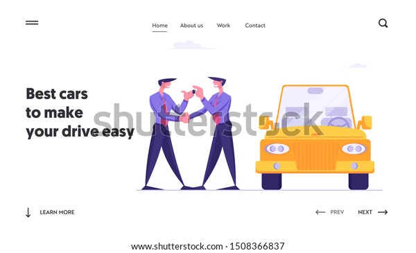 Buying New Car in Salon or Carsharing\
Website Landing Page. Manager Giving Keys from Modern Auto to Happy\
Owner. Businessman Reach Success in Business Web Page Banner.\
Cartoon Flat Vector\
Illustration