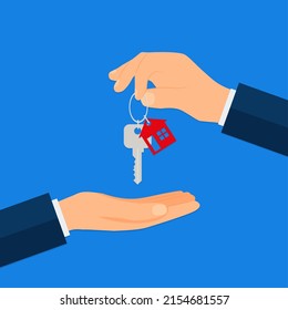 Buying a new home. Real estate agent gives a home keychain to a buyer. Vector illustration. Eps 10