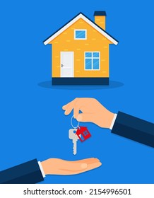 Buying a new home. Real estate agent gives a home keychain to a buyer. Vector illustration. Eps 10