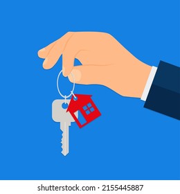 Buying a new home. Real estate agent gives a home keychain to a buyer. Vector illustration. Eps 10