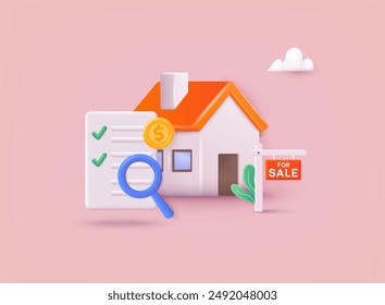 Buying a new home. The realtor shows the house for sale. Real estate agency, sale house concept. 3D Web Vector Illustrations.