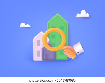 Comprar uma casa nova. O corretor mostra a casa à venda. Agência imobiliária, conceito de casa de venda. Ilustrações de vetor da Web 3D.