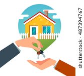 Buying a new house. Real estate agent giving a home keychain to a buyer. Modern flat style vector illustration isolated on white background.