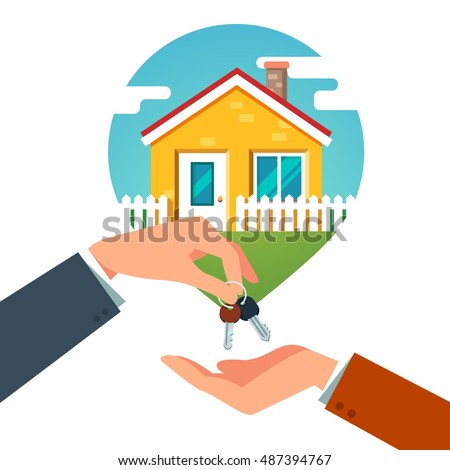 Buying a new house. Real estate agent giving a home keychain to a buyer. Modern flat style vector illustration isolated on white background.