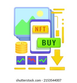Comprar NFT para criptomonedas y pagar con token o bitcoin en blockchain y etéreo por criptodivisa. Mercado de coleccionables digitales. 3.ª ilustración vectorial