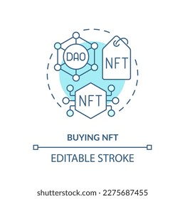 Buying NFT turquoise concept icon. Unique virtual art market. DAO usage purpose abstract idea thin line illustration. Isolated outline drawing. Editable stroke. Arial, Myriad Pro-Bold fonts used