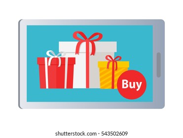 Buying nice colourful presents online on white background. Vector illustration in e-commerce concept of buying boxes with gifts with help of modern gadgets in Internet. Ribbons and bows decorate boxes