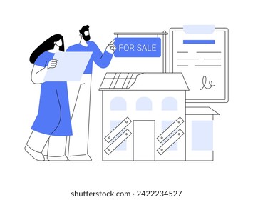 Buying an old property isolated cartoon vector illustrations. Young couple buy an old property, home buyers make an investment, real estate purchase, house flipping service vector cartoon.