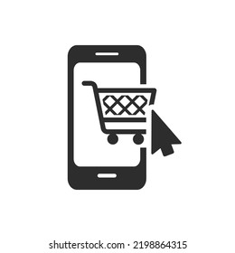 Buying on a smartphone icon. Cursor on cart in smartphone. Monochrome black and white symbol