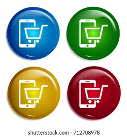 Buying on Smartphone multi color gradient glossy badge icon set. Realistic shiny badge icon or logo mockup