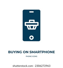compra en un icono del vector de smartphone. comprar en smartphone, comprar, íconos rellenos de mercado a partir del concepto de iconos de teléfono plano. Icono de glifo negro aislado, elemento de símbolo de ilustración vectorial para diseño web y móvil 