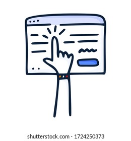 Buying an online concept. The browser window and the hand that presses the button and makes an order on the internet. Vector illustration hand-drawn in doodle style