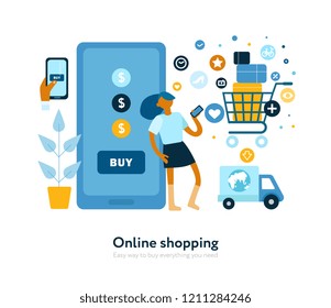 Buying online fast secure convenient flat composition with smartphone internet shop full basket delivery vehicle vector illustration