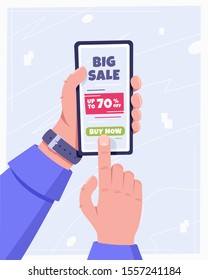 Buying online. Hand holding cell phone, a finger clicks on the Buy Now button. A man makes online purchases using his phone. Big sale vector concept
