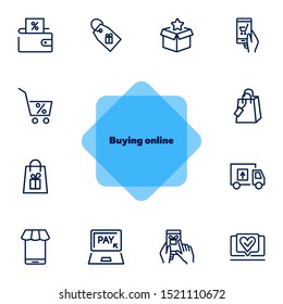 Buying online line icon set Packet, online payment, mobile app. Shopping concept. Vector illustration can be used for topics like buying, shopping, supermarket