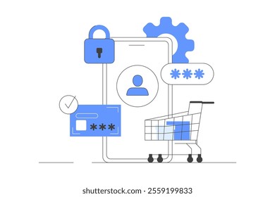 Buying online in mobile app and paying with card using secure payment service. E-commerce, cyber security and finance data protection concept. Flat Cartoon Vector Illustration, icon. Stylish abstract