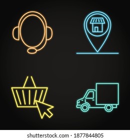 Buying online neon icon set in line style. Ecommerce, shop address, support and delivery symbols. Vector illustration.