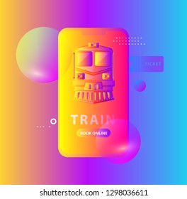 Buying online train tickets with smartphone and people vector flat concept