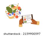 Buying, ordering groceries via internet. Hands with tablet PC screen choosing food, shopping in supermarket online through web-site. Flat graphic vector illustration isolated on white background