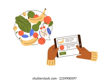 Buying, ordering groceries via internet. Hands with tablet PC screen choosing food, shopping in supermarket online through web-site. Flat graphic vector illustration isolated on white background