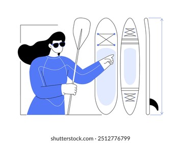 Comprar un tablero de paletas aislado Ilustraciones vectoriales de dibujos animados. Chica en traje de neopreno eligiendo una tabla de paddle en la tienda de equipos al aire libre, stand up paddling, tienda de deportes, personas que compran dibujos animados de Vector.