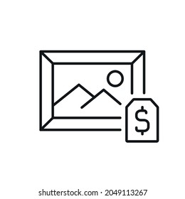 Buying paintings linear icon. Auction. Price list. Thin line customizable illustration. Vector isolated outline drawing. Editable stroke