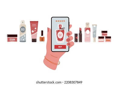 Buying Perfume Through Mobile App.Female Hand Holds Cell Phone With Online Cosmetics Store.Make Up,skincare,hair And Beauty Products On White Background.Vector Flat Illustration In Cartoon Style