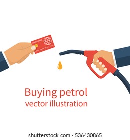 Buying petrol, concept. Payment for fuel. Credit card in hand man and fuel pump. Petrol station. Vector flat design style on a white background. Template for gasoline prices. Cashless payments.