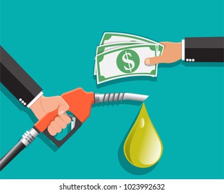 Buying petrol , Fuel pump in hand man in exchange for money , Payment for fuel ,  Vector illustration.