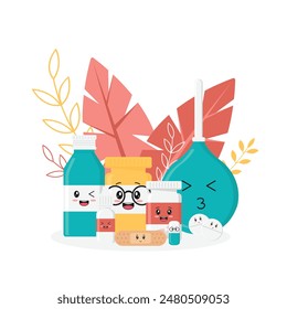 Buying pills online using a smartphone. The concept of ordering medicines online. Illustration on a white background