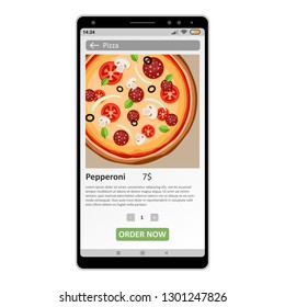 Buying pizza online using a smartphone on a white background. Vector illustration.