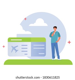 Comprando un billete de avión. concepto para ilustraciones de sitios web, plano vectorial moderno.