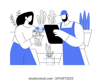 Comprar plantas aisladas Ilustraciones vectoriales de dibujos animados. Mujer joven que compra árboles y plantas en el centro del jardín, Cliente que habla con el consultor, dueño del negocio, profesión del comercio Vector de dibujos animados.