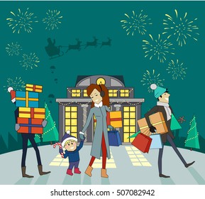 Buying presents with family in mall on Christmas eve. Flat design. Woman with gifts in hand walking with her son, two mans carry colored boxes and Christmas tree, fireworks and Santa on sleigh in sky