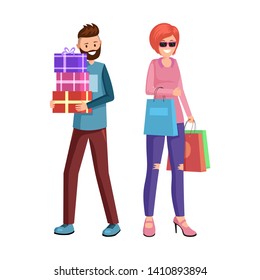 Buying presents flat vector illustration. Male shopper, buyer holding stacked decorated gift boxes cartoon character. Smiling fashionista, shopaholic carrying shopping bags satisfied with new purchase